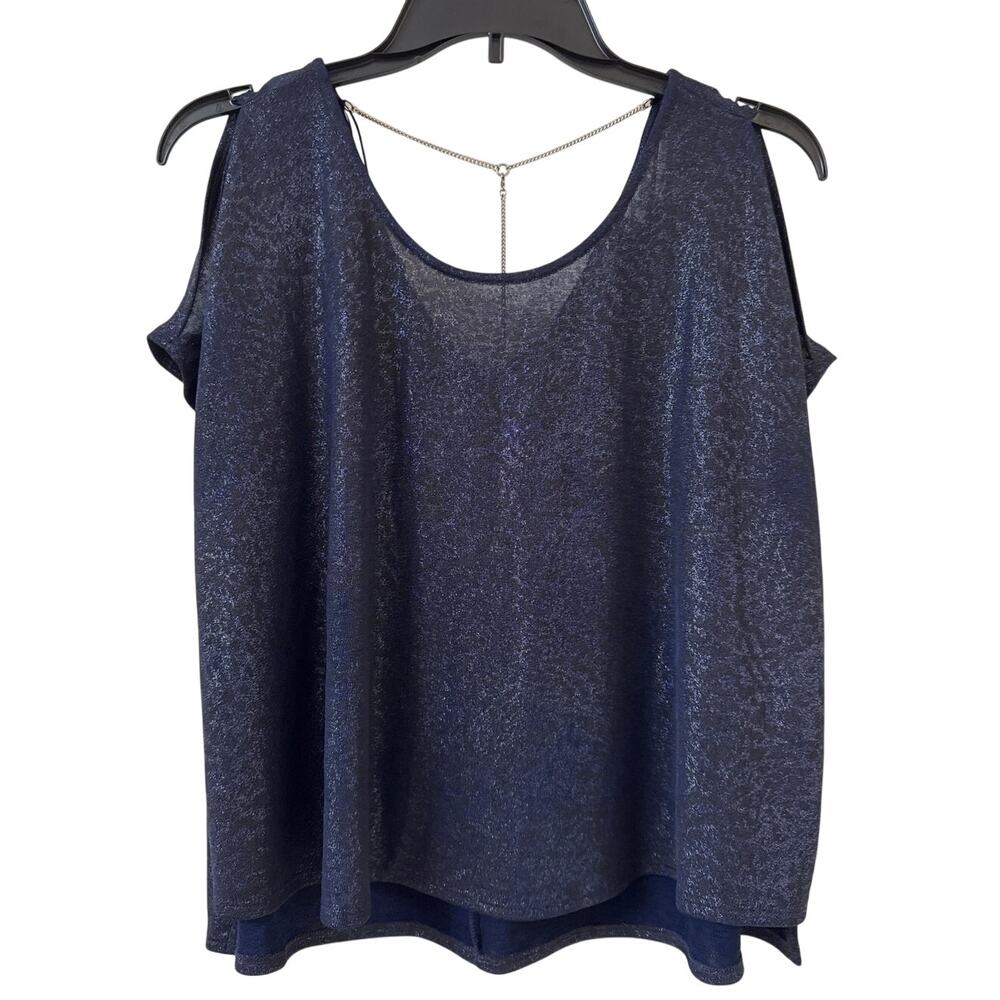 Jennifer Lopez Medium Petite Navy Blue Sparkly Cold Shoulder Peekaboo Sleeve Top